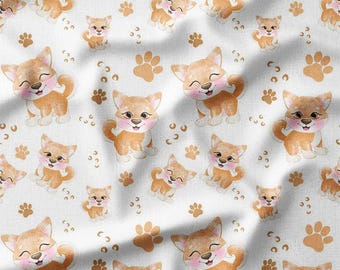 Shiba Inu Puppy Cotton Fabric by the Yard Cute Shiba Inu Dogs with Paw Design for Kids Girls Boys  Sewing, Quilting, Bedding, and DIY
