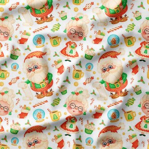 Santa and Mrs. Claus Christmas Cotton Fabric by the Yard - Cute Holiday Pattern with Gingerbread, Stockings, and Hot Cocoa