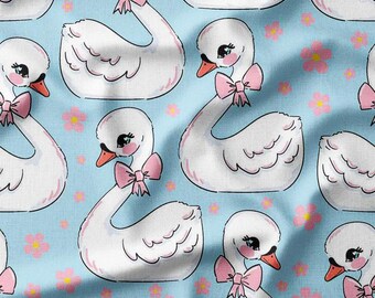 Charming Swans with Pink Bows and Flowers on Blue Cotton Fabric by the Yard – Elegant Design for Kids' Clothing, Quilting, and Home Decor