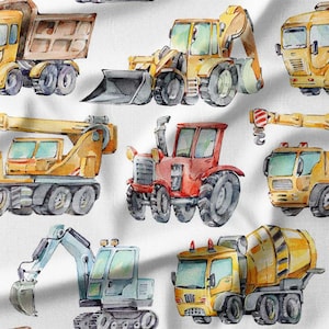 Cotton Fabric by the Yard - Watercolor Construction Vehicles on White Background - Perfect for Kids&#39; Clothing, Quilting and Boys&#39; Room Decor