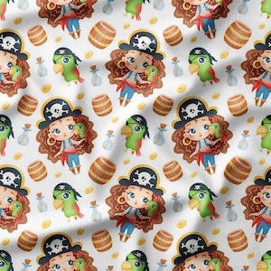 Pirate Girl Cotton Fabric by the Yard – Cute Pirates with Treasure Maps and Chests, Perfect for Kids' Clothing, Quilting, and Nursery Decor