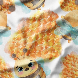 Cute Bees with Honeycombs on White Cotton Fabric by the Yard - Playful Bee and Honey Design for Kids&#39; Quilting, Sewing, and Craft Projects