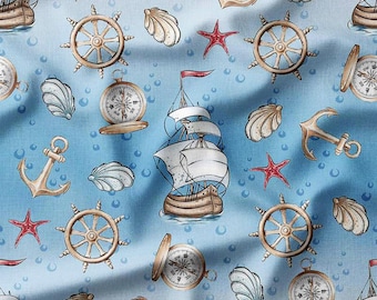 Nautical Ships and Anchors Cotton Fabric by the Yard - Marine Pattern with Helm Wheels, Compasses, and Shells on Blue Background for Sewing