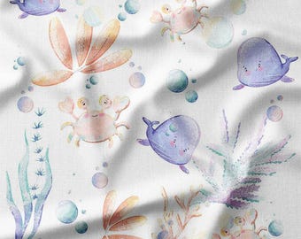 Whales and Crabs with Bubbles in Pastel Colors on White Cotton Fabric by the Yard - Cute Underwater Design for Kids' Quilting, Sewing, Decor