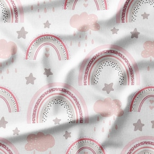 Boho Style Soft Pink and Grey Rainbows with Clouds on White Cotton Fabric by the Yard – Gentle Design for Baby Quilting, DIY Crafts, Decor