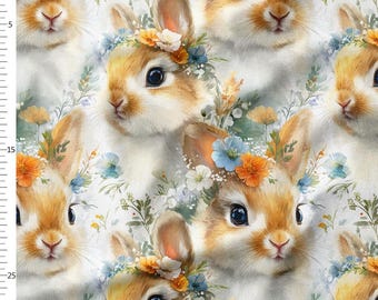 Cotton Fabric by the Yard, Floral Bunny Rabbits with Wildflowers, Soft Watercolor Spring Nursery