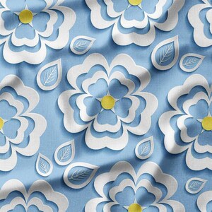 3D Floral Cotton Fabric by the Yard White and Yellow Flowers on Blue Background for Sewing Quilting Bedding Home Decor DIY Projects