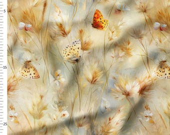 Cotton Fabric by the Yard, Pampas Grass and Butterflies, Beige Cream Neutral Watercolor Botanical