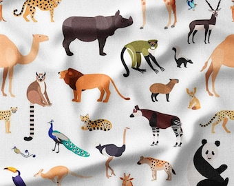 Fabric by the Yard - Colorful Safari Animals on White Background, Perfect for Kids' Clothing, Quilting, Nursery Decor, and Crafts