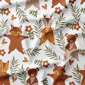 Adorable Forest Animals and Leaves on White Cotton Fabric by the Yard - Cute Woodland Creatures Design for Kids&#39; Sewing, Quilting