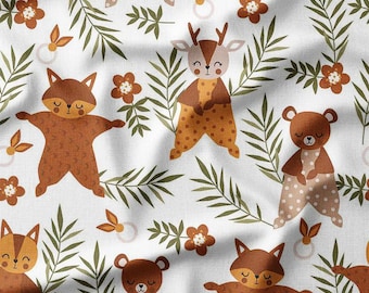 Adorable Forest Animals and Leaves on White Cotton Fabric by the Yard - Cute Woodland Creatures Design for Kids' Sewing, Quilting