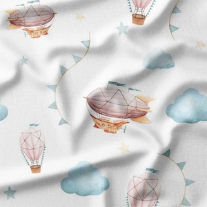 Vintage Airships and Hot Air Balloons on White Cotton Fabric by the Yard – Whimsical Sky Adventure Design for Kids' Quilting, Sewing, Decor