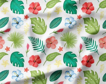 Tropical Leaves and Flowers Cotton Fabric by the Yard - Vibrant Floral Pattern for Summer and Home Decor Cotton Bamboo Viscose Linen Fabric