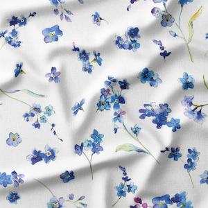 Cotton Fabric by the Yard – Blue Wildflowers on White, Perfect for Quilting, Home Decor, Sewing – Available in Cotton, Linen, Bamboo & More