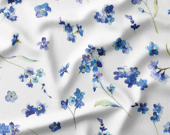 Cotton Fabric by the Yard – Blue Wildflowers on White, Perfect for Quilting, Home Decor, Sewing – Available in Cotton, Linen, Bamboo & More