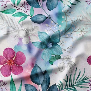 Watercolor Floral Cotton Fabric by the Yard Vibrant Flowers and Leaves Botanical Design for Sewing, Quilting, Bedding and DIY Projects