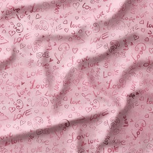 Fabric by the Yard – Pink Love and Hearts Design, Available in Cotton, Linen, Bamboo & More – Perfect for Apparel and Quilting