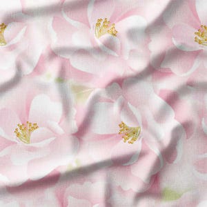 Soft Pink Floral Blooms on White Cotton Fabric by the Yard – Delicate Flower Design for Quilting, Sewing, Pillows, and Bedding