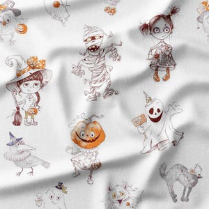 Halloween Monsters Cotton Fabric by the Yard Spooky Mummies, Witches, and Ghosts Design Sewing Supplies Fabric for Quilting Crafts DIY