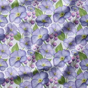 Delicate Purple and Pink Flowers with Green Leaves on Light Blue Cotton Fabric by the Yard - Elegant Floral Pattern for Quilting, Sewing