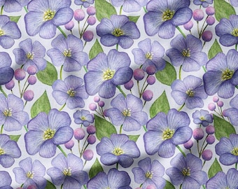 Delicate Purple and Pink Flowers with Green Leaves on Light Blue Cotton Fabric by the Yard - Elegant Floral Pattern for Quilting, Sewing