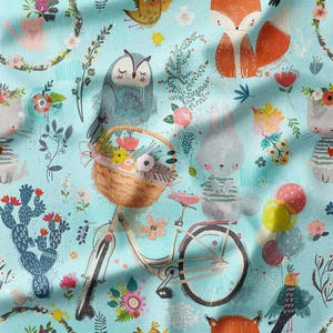 Whimsical Forest Animals and Bicycle on Blue Cotton Fabric by the Yard – Perfect for Nursery Decor, Quilting, and Kids&#39; Clothing