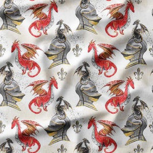 Cotton Fabric by the Yard – Dragons and Knight Helmets – Fantasy Kids Pattern