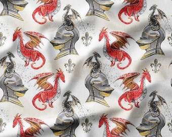 Cotton Fabric by the Yard – Dragons and Knight Helmets – Fantasy Kids Pattern