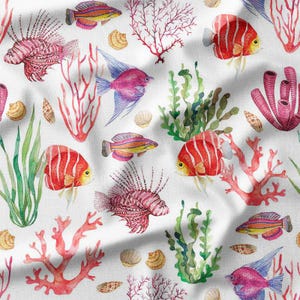 Colorful Fish Coral and Seashells on White Cotton Fabric by the Yard for Quilting Sewing and Underwater Themed DIY Projects