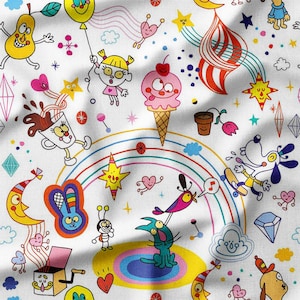 Colorful Cartoon Characters and Rainbows on White Cotton Fabric by the Yard - Whimsical Design for Kids' Quilting, Sewing, Craft Projects