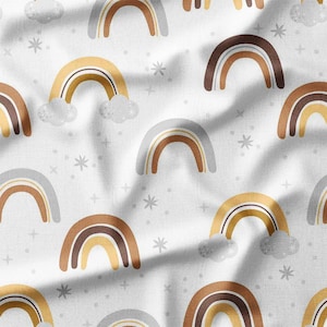 Earth Tone Rainbows with Clouds and Stars Cotton Fabric by the Yard Perfect for Kids Quilting, Bedding, and DIY Crafts