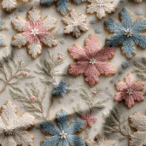 Christmas Snowflake Cookies Cotton Fabric by the Yard – Pastel Iced Cookies on Beige for Quilting, Holiday Decor, Sewing