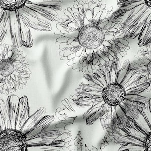 Black and White Daisies on Cotton Fabric by the Yard - Artistic Floral Design for Quilting, Sewing, and Home Decor