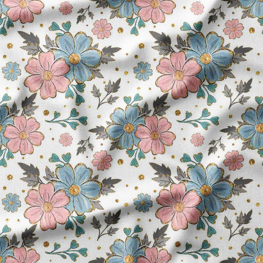 Vintage Floral Cotton Fabric by the Yard - Pink and Blue Flower Bouquet ...
