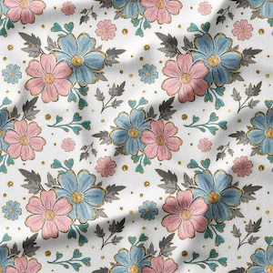 Vintage Floral Cotton Fabric by the Yard - Pink and Blue Flower Bouquet Design for Quilting, Sewing, and Home Decor Projects