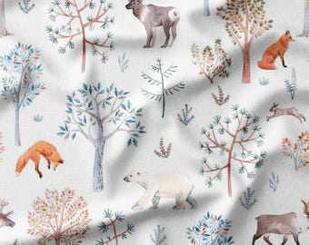 Woodland Animals and Trees Cotton Fabric by the Yard Forest Wildlife and Nature Pattern Design for Sewing, Quilting, Bedding DIY, Home Decor