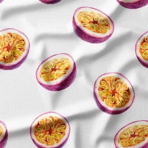 Watercolor Passion Fruit on White Cotton Fabric by the Yard – Fresh Tropical Fruit Design for Quilting, Pillows, and Home Decor