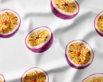 Watercolor Passion Fruit on White Cotton Fabric by the Yard – Fresh Tropical Fruit Design for Quilting, Pillows, and Home Decor
