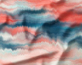 Coral and Teal Abstract Watercolor Waves on Cotton Fabric by the Yard – Bold and Artistic Design for Quilting, DIY Crafts, and Home Decor