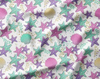 Colorful Starfish and Seashells on White Cotton Fabric by the Yard, Perfect for Beach-Themed Kids' Clothing and Quilting