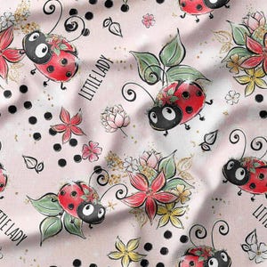 Adorable Ladybugs with Flowers and Polka Dots on Pink Cotton Fabric by the Yard - Perfect for Quilting, Sewing, Crafts, and Nursery Decor