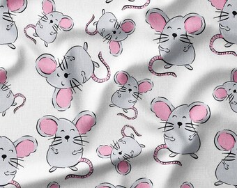 Cartoon Mice Cotton Fabric by the Yard Adorable Grey Mice with Pink Ears and Tails Design Sewing Supplies Fabric for Quilting Bedding DIY