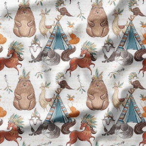 Cotton Fabric by the Yard - Woodland Animals and Teepees in Native Style on White, Perfect for Kids&#39; Quilting, Baby Apparel, DIY Crafts