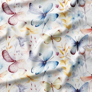 Schmetterling Blumen Baumwollstoff Massenvorrat Pastellblau und Rot Aquarell Blumen Schmetterling Stoff Nähen Stoff für Quilten und Kissen