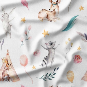 Woodland Animals and Teepees Watercolor Cotton Fabric by the Yard - Whimsical Design for Kids&#39; Quilting, Sewing, and Nursery Decor
