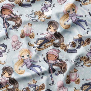 Girls Ice Skating and Sledding with Winter Accessories Cotton Fabric by the Yard - Fun Winter Scene for Kids&#39; Quilting, Sewing and DIY