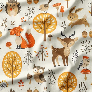 Woodland Animals and Trees on Cream Cotton Fabric by the Yard – Cute Forest Design for Kids' Quilting, Sewing, and Nursery Decor