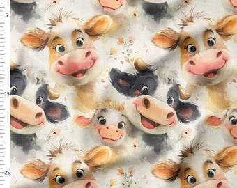 Cotton Fabric by the Yard, Watercolor Cow Faces, Flowers and Hearts Pastel Farm Nursery