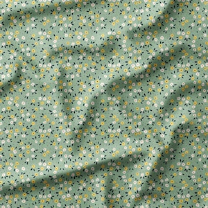 Cotton Fabric by the Yard - Tiny Yellow and White Flowers on Sage Green Background - Perfect for Quilting, Sewing, and Home Decor Projects