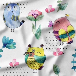 Colorful Birds and Flowers on White Cotton Fabric by the Yard – Whimsical and Playful Design for Kids, Quilting, DIY Crafts, and Home Decor